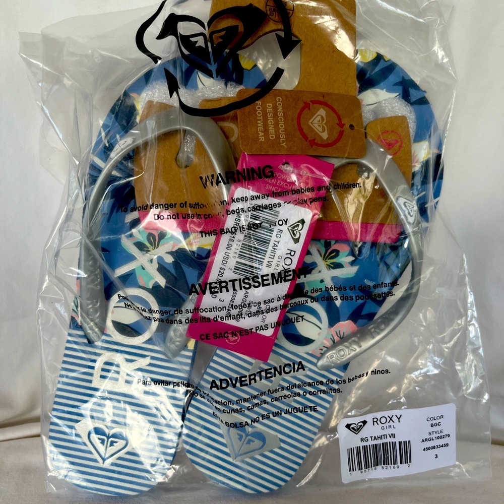 NWT Roxy Girl’s Size 3 floral Slippers Flipflops Sandal
